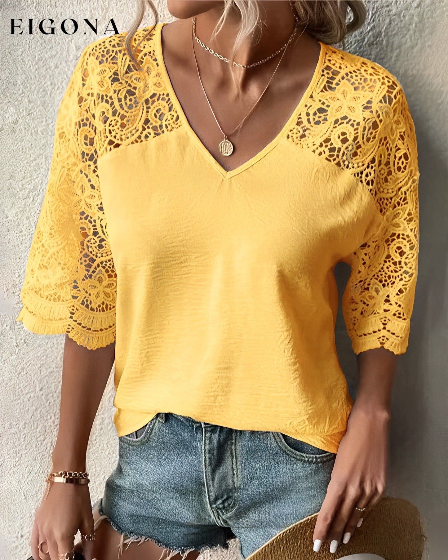 V-neck lace sleeve Blouse Yellow 23BF clothes Short Sleeve Tops Spring Summer T-shirts Tops/Blouses