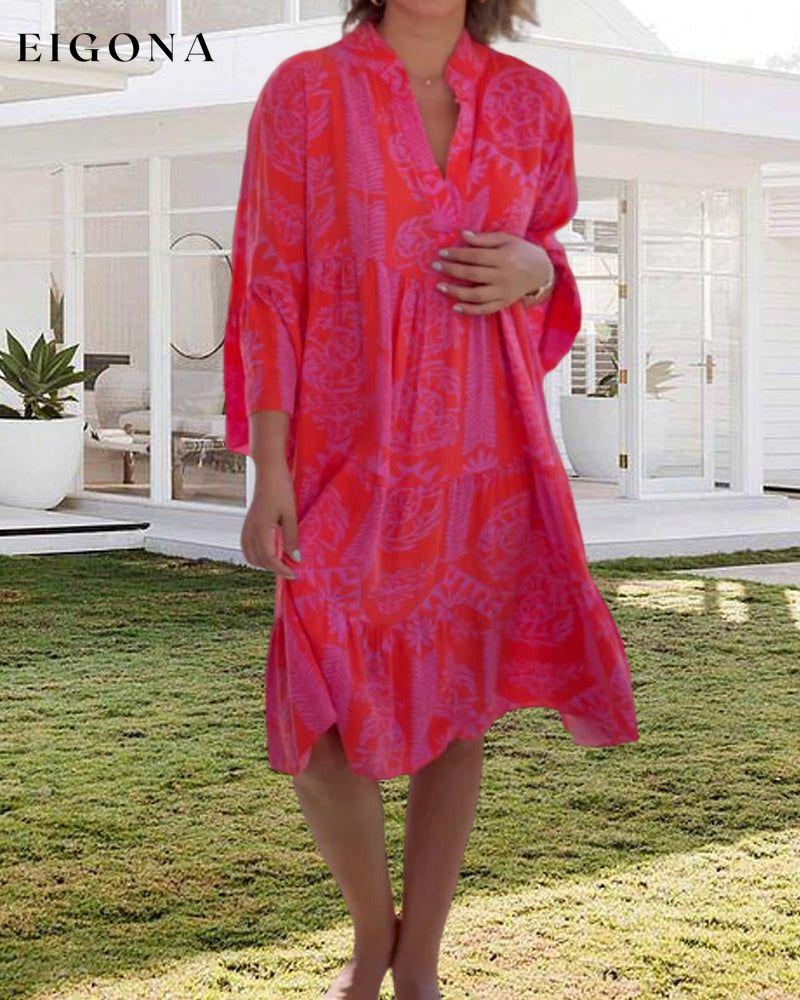 Boho Geometric Print 3/4 Sleeve Dress 23BF Casual Dresses Clothes Dresses Spring Summer