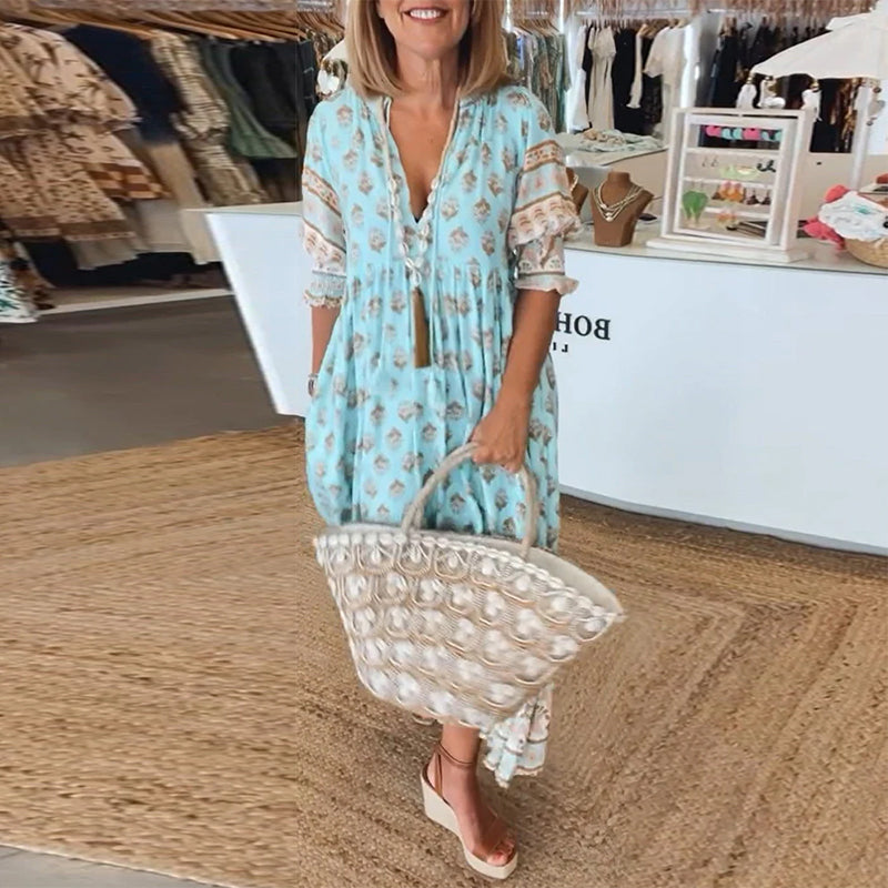 Casual printed V-neck half-sleeve dress