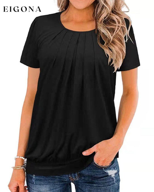 Round neck plain pleated short sleeve t-shirt 23BF clothes Short Sleeve Tops Summer T-shirts Tops/Blouses