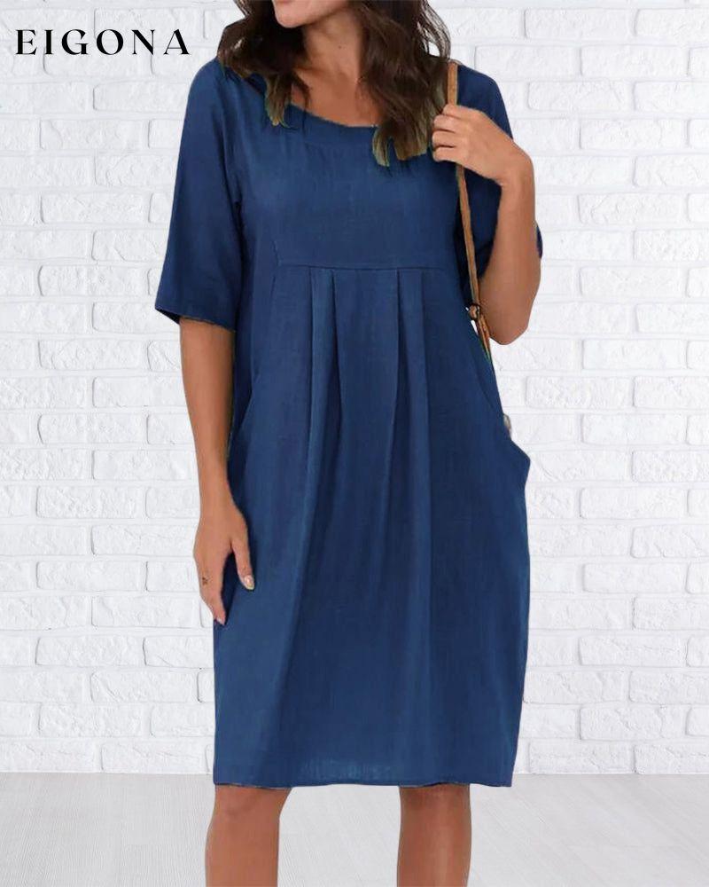 Round Neck Solid Color Dress with Pockets Blue 23BF Casual Dresses Clothes Dresses Spring Summer