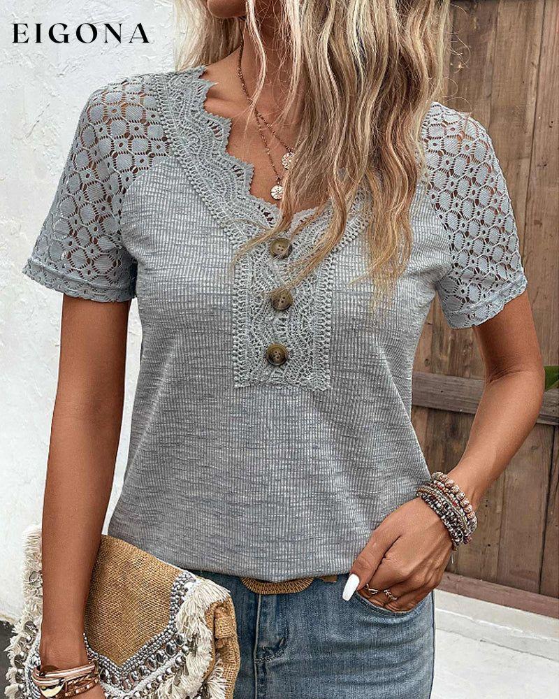 Lace Short Sleeve T Shirt Gray 23BF 23BK clothes Short Sleeve Tops Spring Summer T-shirts Tops/Blouses