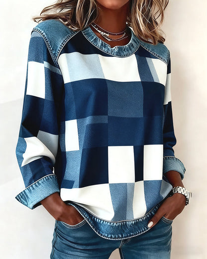 Plaid Patchwork Contrast Color Sweatshirt