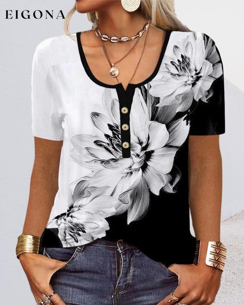 Button short sleeve u-neck printed blouse 23BF Blouses & Shirts clothes Short Sleeve Tops T-shirts Tops/Blouses