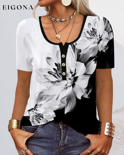 Button short sleeve u-neck printed blouse 23BF Blouses & Shirts clothes Short Sleeve Tops T-shirts Tops/Blouses