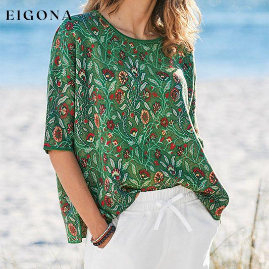 Retro Floral Print T-Shirt Green best Best Sellings clothes Plus Size Sale tops Topseller