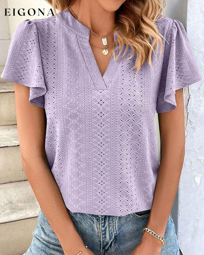 V-neck Ruffle Sleeve T-shirt Purple 23BF clothes Short Sleeve Tops Spring Summer T-shirts Tops/Blouses
