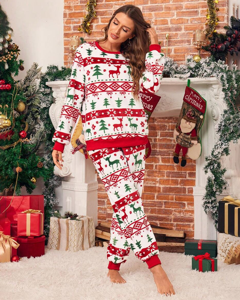 Christmas Themed Print Warm Long Sleeve Pajama Sets 2024 f/w Christmas matching family outfits two-piece sets