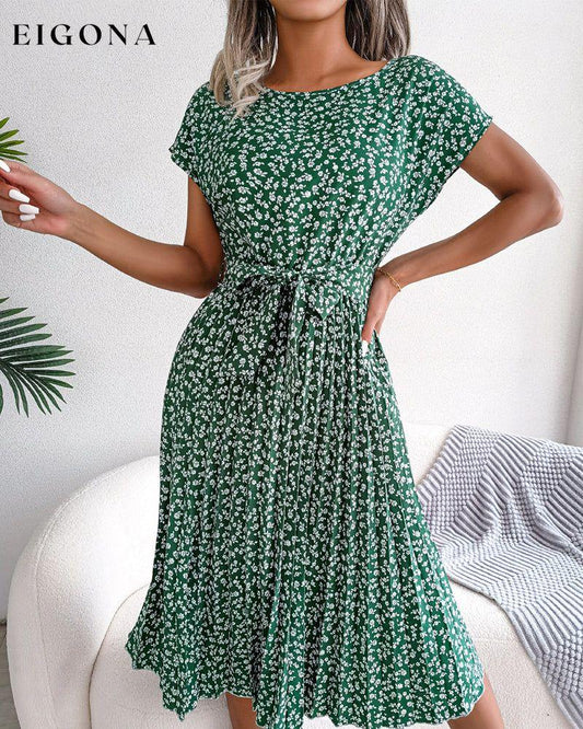 Short sleeve floral print tie dress Green 23BF Casual Dresses Clothes Dresses Summer