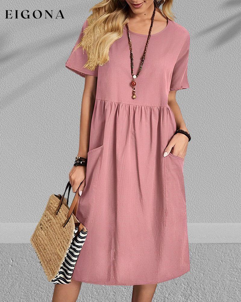 Round neck pleated short sleeve dress 23BF Casual Dresses Clothes Cotton and Linen Dresses Spring Summer