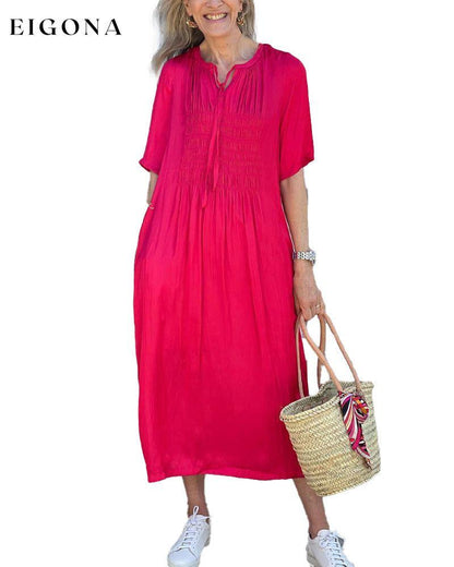 Red Pleated V-Neck Dress 23BF Casual Dresses Clothes Dresses Summer