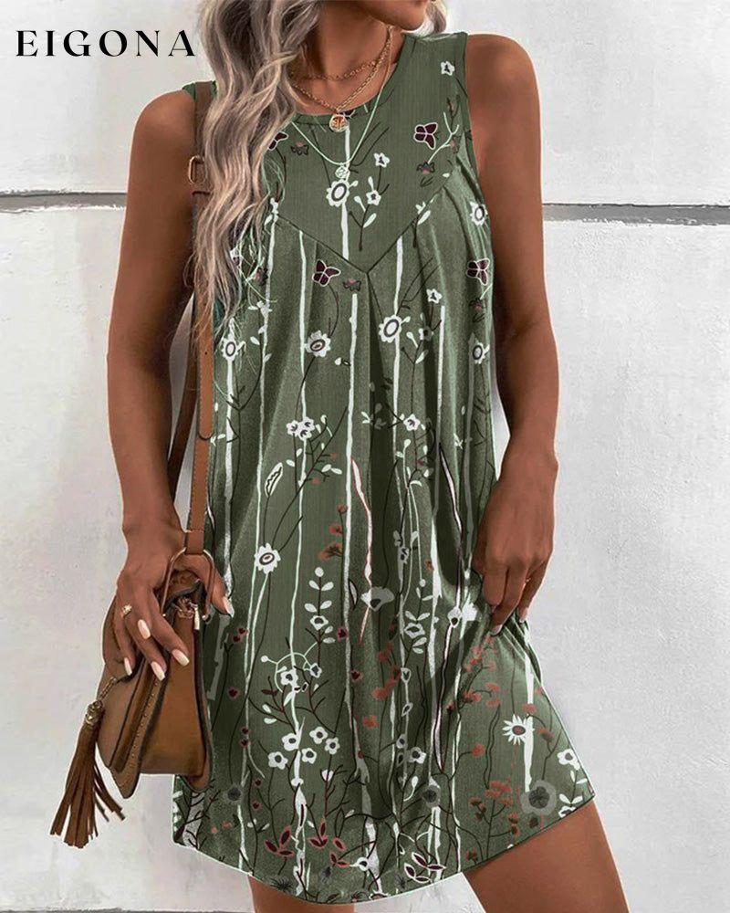 Round neck floral print tank dress Darkgreen 23BF Casual Dresses Clothes Cotton and Linen Dresses Summer