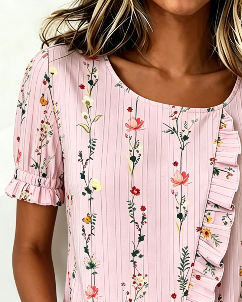 Ruffle Floral Print Puff Sleeve Blouse