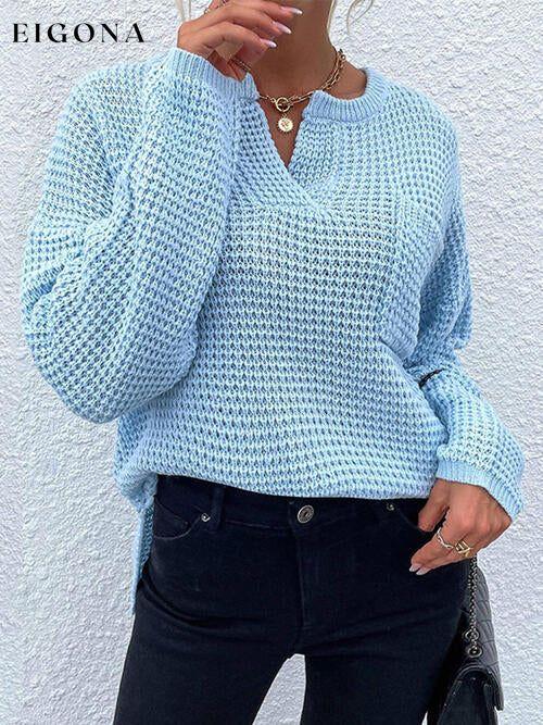 Notched Long Sleeve Sweater Pastel Blue clothes long sleeve shirts Ship From Overseas shirts top tops X.W