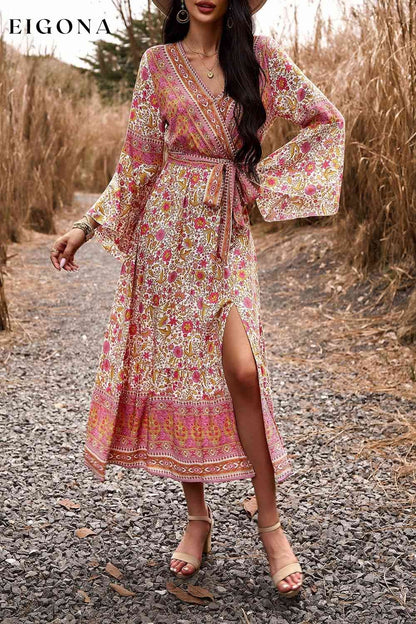 Bohemian Surplice Neck Slit Dress Red casual dresses clothes dress dresses DY long dresses long sleeve dresses maxi dresses Ship From Overseas
