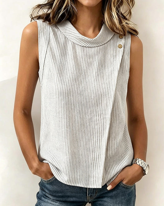 Striped Sleeveless Mock Neck Blouse