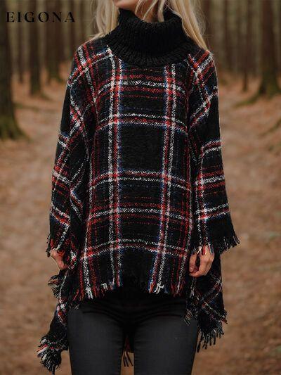 Turtleneck Plaid Raw Hem Sweater Fashion Poncho Clothes Outerwear Romantichut Ship From Overseas Sweater sweaters
