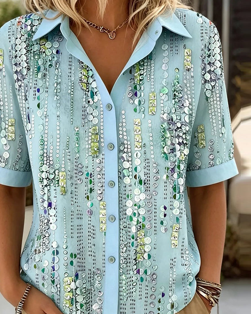 Sequin Vertical Stripe Short-Sleeve Shirt