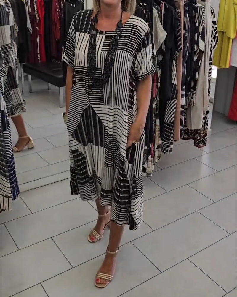 Crew Neck Stripe Pocket Dress