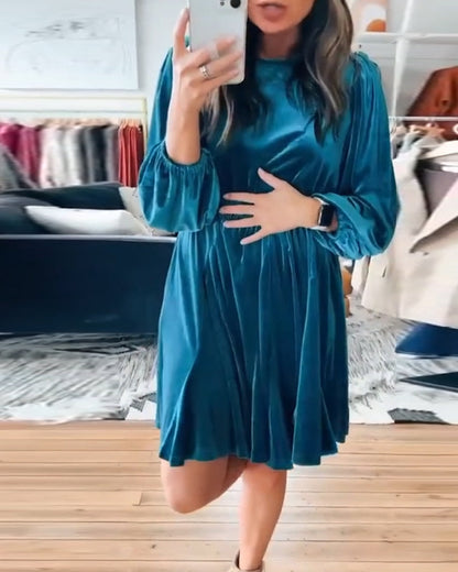 Elegant solid color round neck lantern sleeve dress 2024 f/w casual dresses