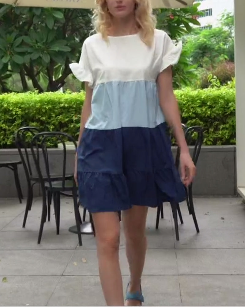 Color block round neck short sleeve ruffle dress casual dresses summer