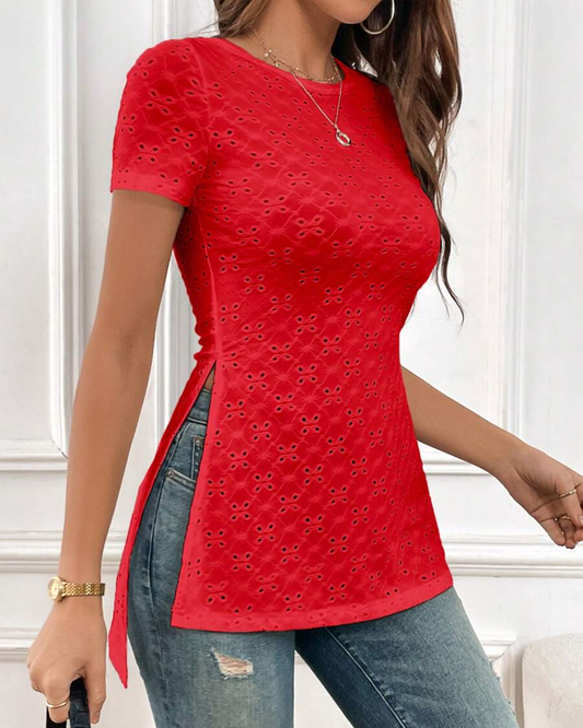 Hollow Short Sleeve Round Neck Slit Top blouses & shirts spring summer