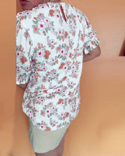 Round Neck Floral Short Sleeve Blouse