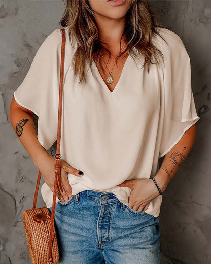Loose-Fit Solid-Color V-Neck Top