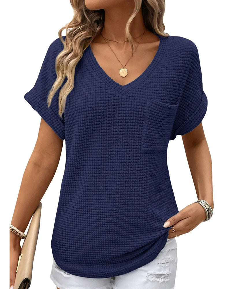 Women's Waffle Knit V-Neck Casual Summer T-shirt