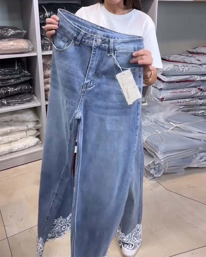 Casual Solid-Color Wide-Leg Denim Pants