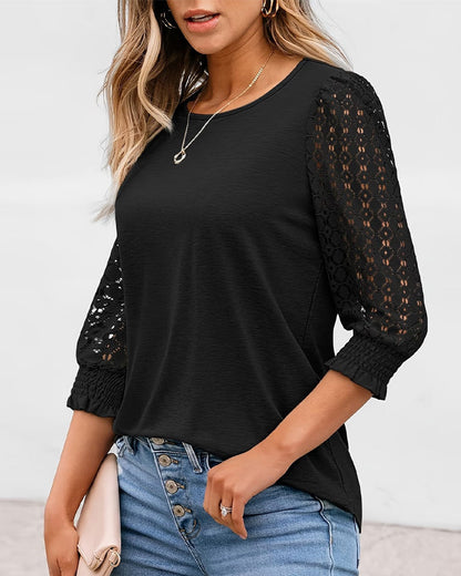 Diamond-Pattern Cutout & Paneled 3/4-Sleeve Top