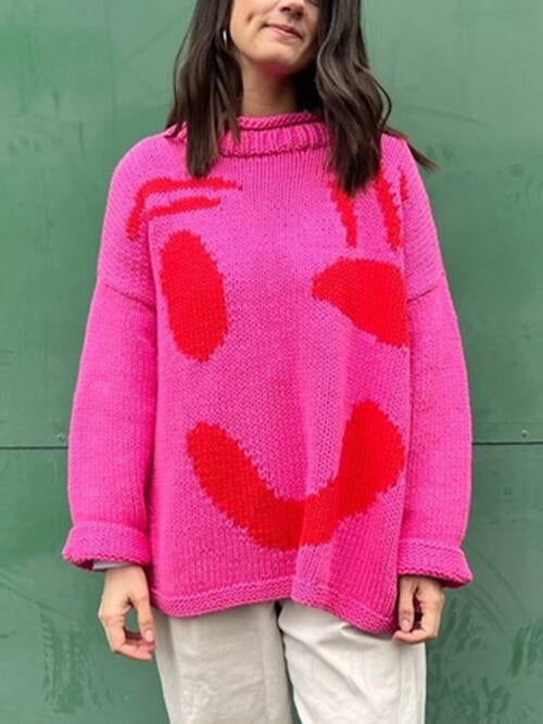 Contrast Drop Shoulder Long Sleeve Sweater Deep Rose A@Y@M clothes Ship From Overseas