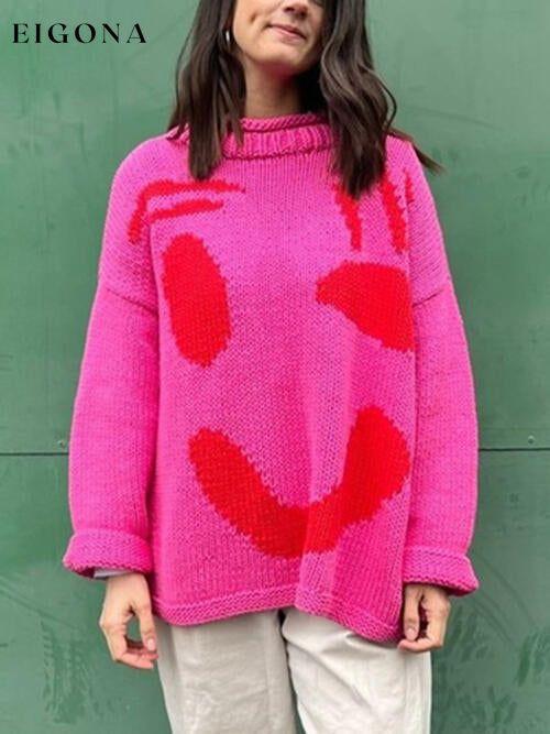 Contrast Drop Shoulder Long Sleeve Sweater Deep Rose A@Y@M clothes Ship From Overseas