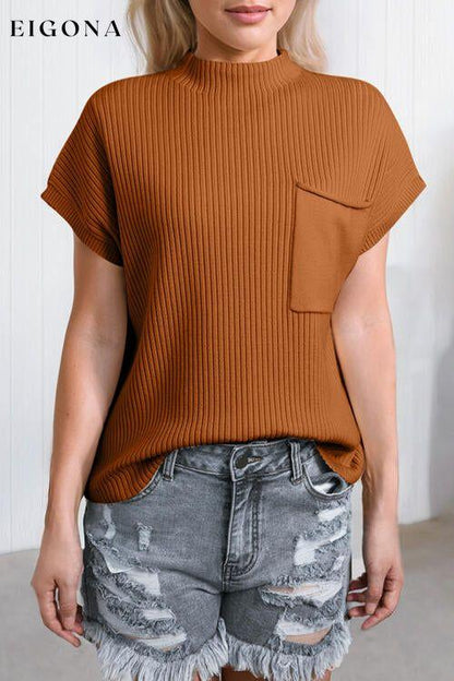 Ribbed Mock Neck Short Sleeve Knit Top Ochre clothes Ship From Overseas SYNZ