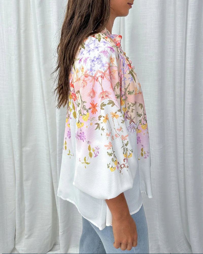 Floral print lantern sleeve button blouse 202466 blouses & shirts spring summer