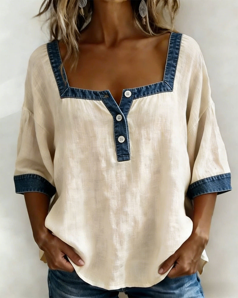 Denim-Paneled Cotton-Linen Top with Square Neckline