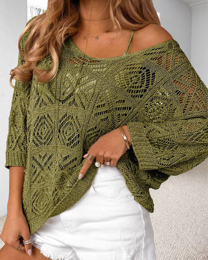 Hollow Out Three-Quarter Sleeve Pullover
