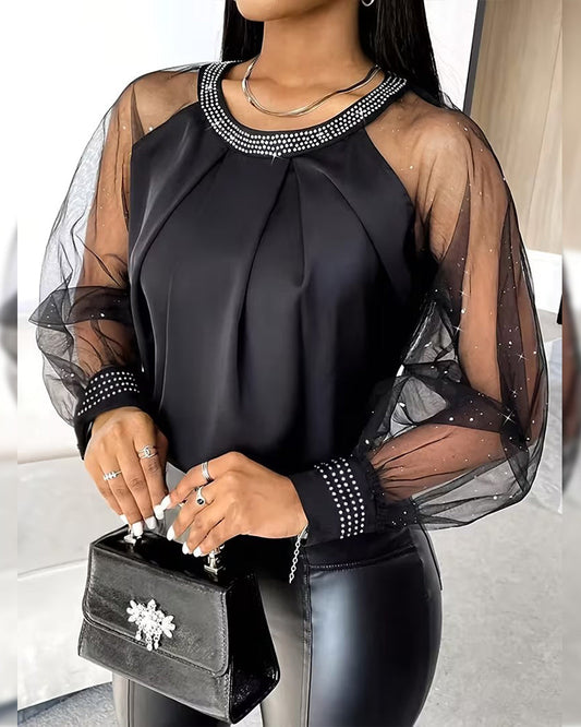 Hot Rhinestone Mesh Long-Sleeved Fashionable Blouse