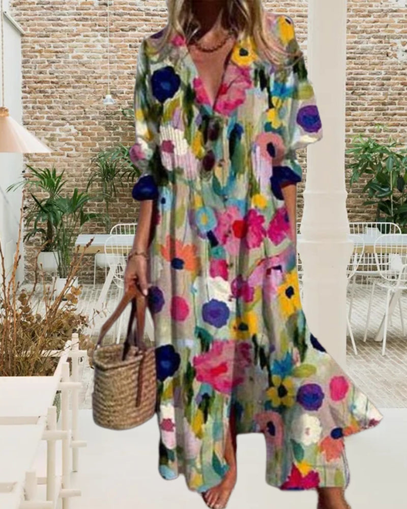 V-neck colorful printed long dress casual dresses spring summer