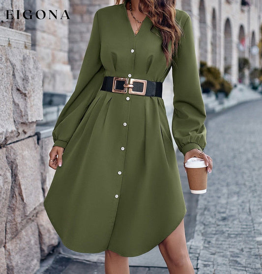 Notched Neck Long Sleeve Dress Moss casual dresses clothes dress dresses long sleeve dress long sleeve dresses S.N Ship From Overseas short dresses trend