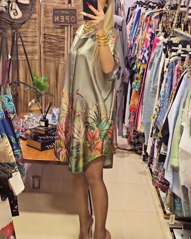 Botanical print lapel half-sleeve midi dress casual dresses summer