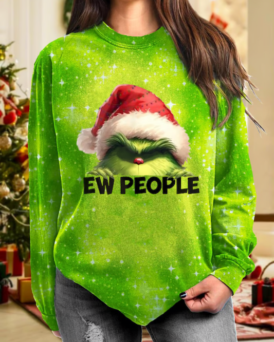 Women's Ew People Christmas Green Furry Monster Print Casual Sweatshirt