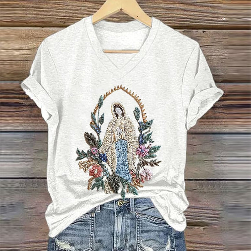 Women's Christian Our Lady Floral Printed V-Neck T-shirt