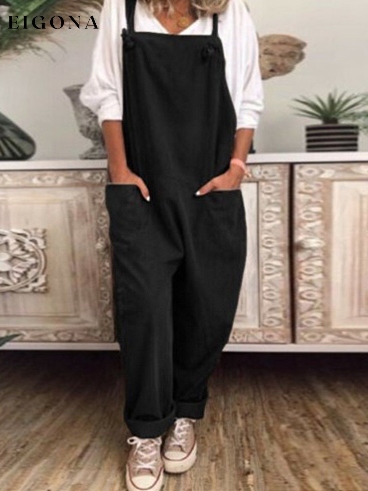 Women's Casual Pure Color Adjustable Overalls cotton linens jumpsuits