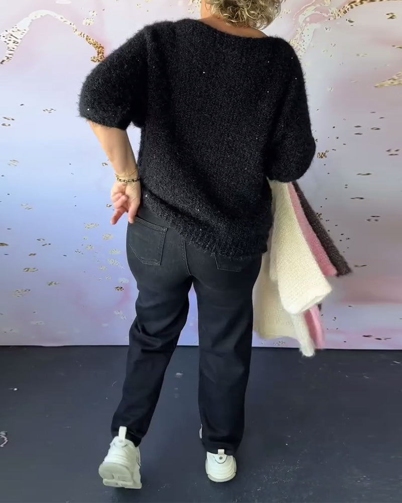 Half-Sleeved Round Neck Sequin Sweater