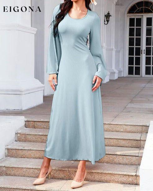 Tie Back Ribbed Round Neck Long Sleeve Dress Mint Blue casual dresses clothes dresses long sleeve dress long sleeve dresses maxi dress Ship From Overseas Y&M