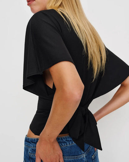 Bateau Neck Batwing Sleeve Waist-Cinch Cropped T-Shirt