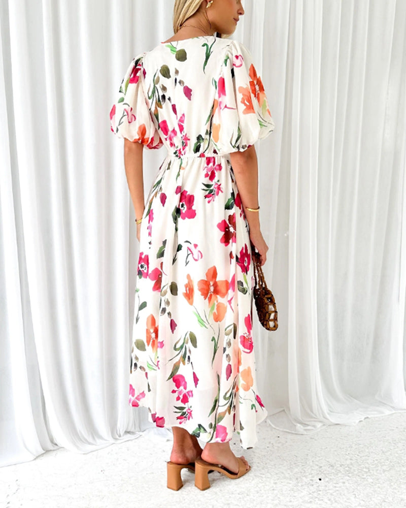 Elegant dress with puff sleeves and floral print casual dresses summer