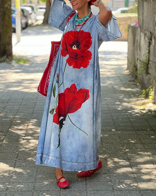 Casual floral print V-neck loose dress 202466 casual dresses spring summer