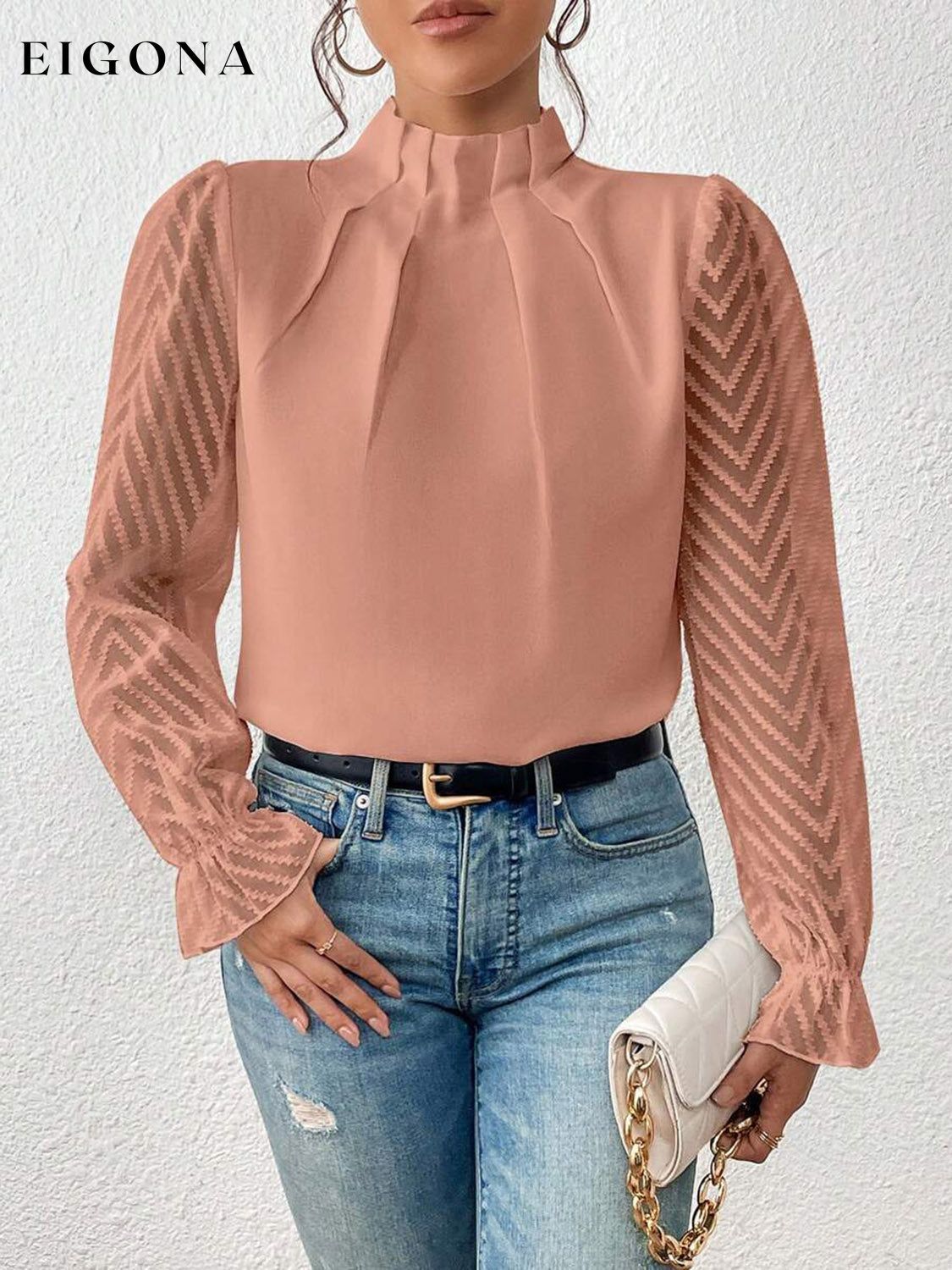 Mock Neck Flounce Fashionable Sheer Sleeve Blouse Burnt Coral A@X@E blouse clothes long sleeve shirt long sleeve shirts long sleeve top long sleeve tops mock neck Ship From Overseas Shipping Delay 09/29/2023 - 10/04/2023 shirt shirts top tops trend